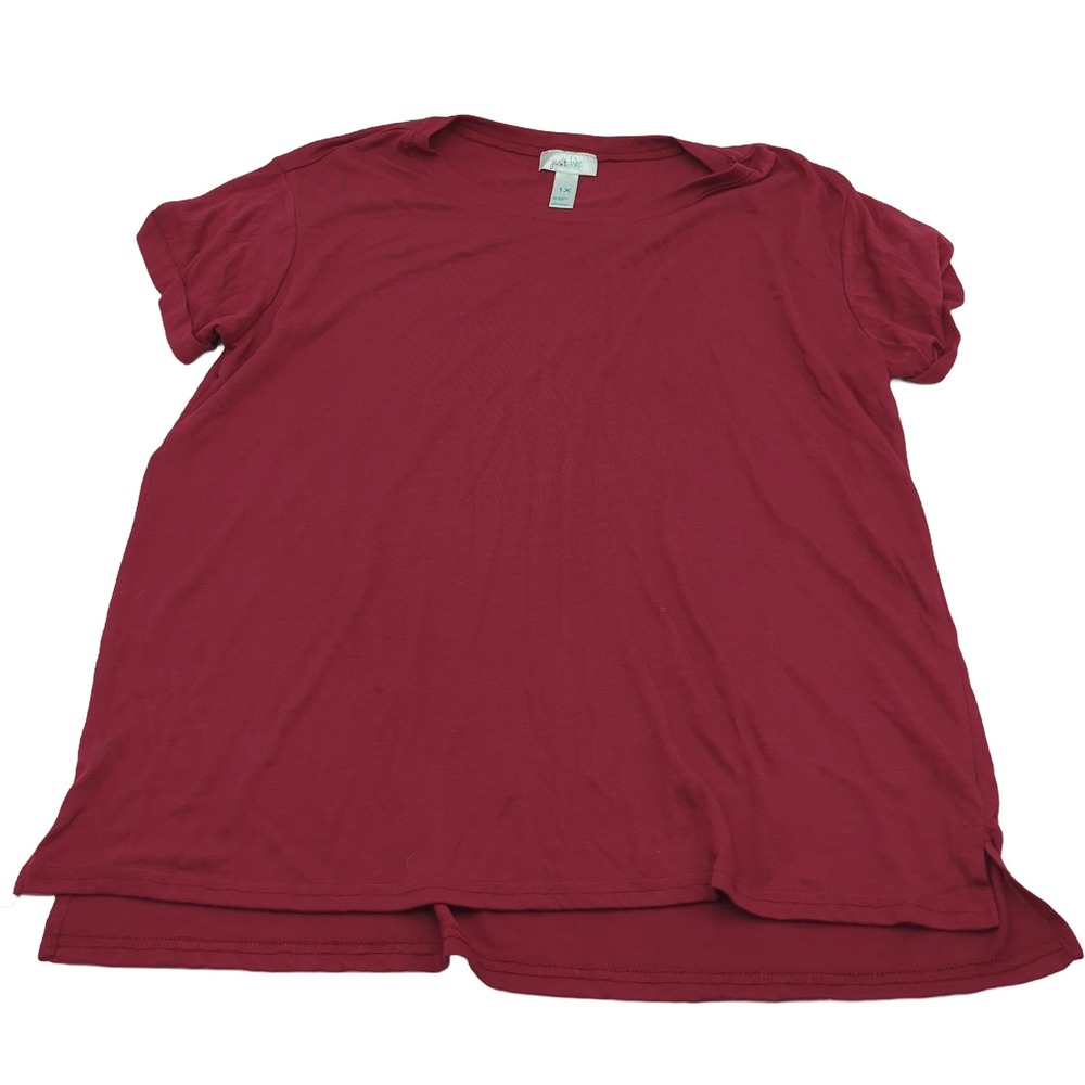 Just Be Womens Burgundy Short Sleeve High-Low Hem Knit Top 1X Burgundy Red